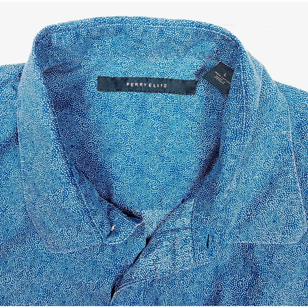 Perry Ellis Blue White Mosaic Button Short Sleeve Shirt Men's Size‎ Large